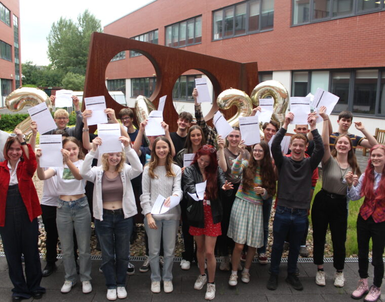 Photograph of students celebrating their A level results.