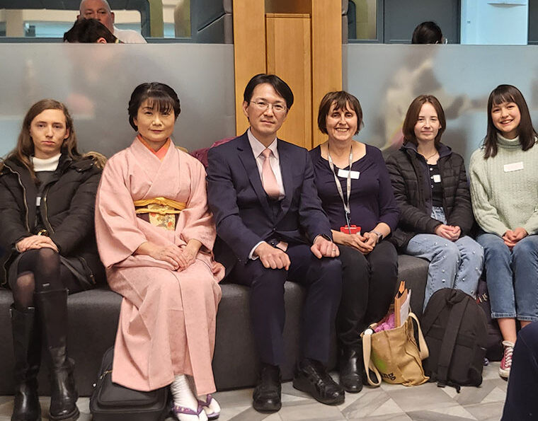 Students with Takako Amano who runs the Japan Day and is senior lecturer in Japanese at UCLan and Japan Information and Cultural Centre's Minister Okazaki