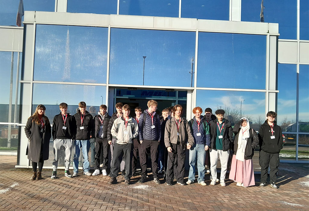 Photograph of a group of students outside the MBDA facility in Bolton