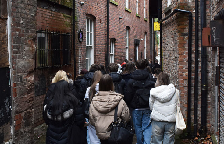 Photograph of students visiting the Stockport Underbank area